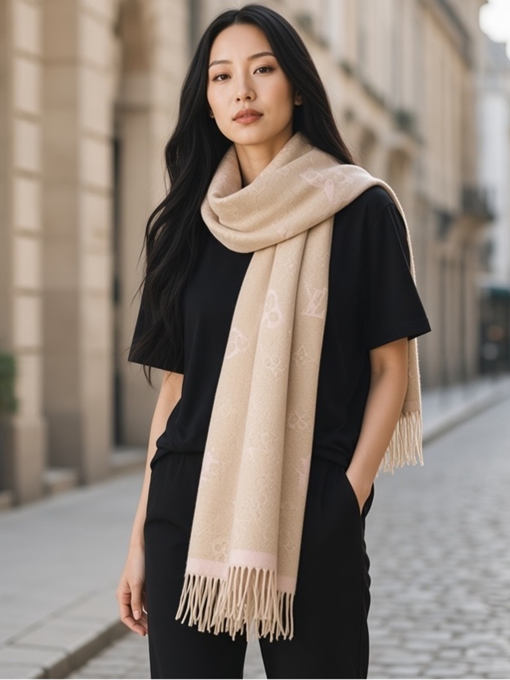 Luxury Beige and Light Pink Monogram Scarf wrap 72 inches long new cashmere